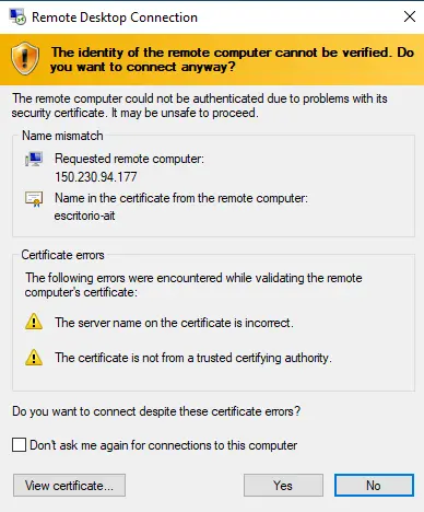 Certificado de la conexión establecida con el VPS